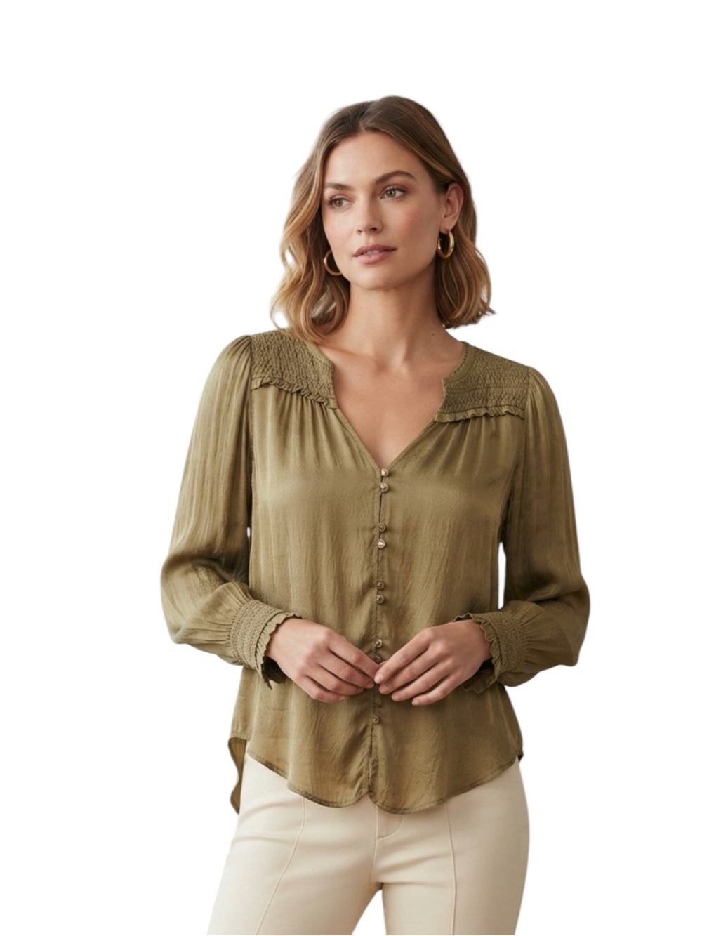 Anthropologie Olive Button-Front Smocked Yoke Blouse Size S